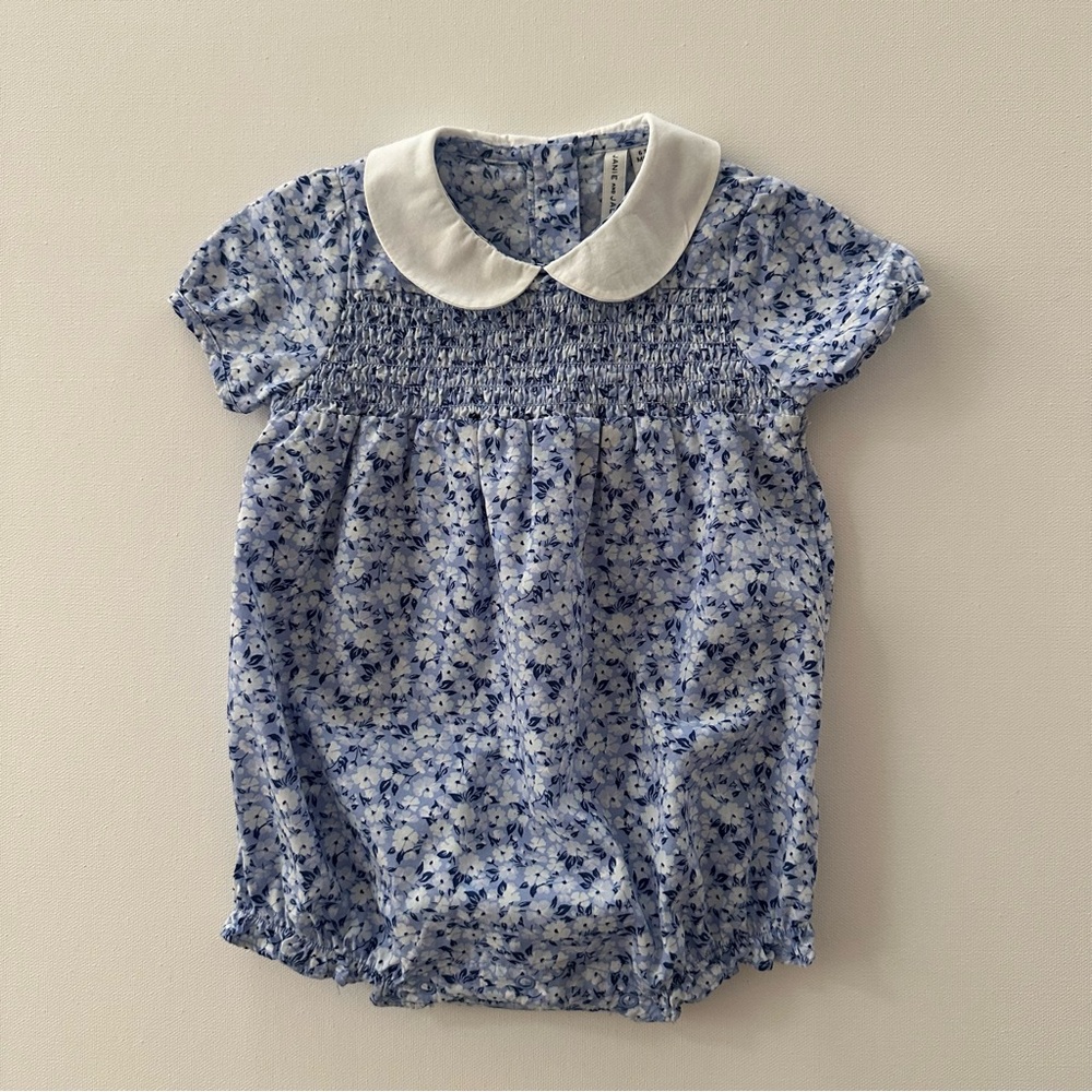 Janie and Jack 6-12 Months Baby Girl Blue Floral Smocked Romper Spring Summer